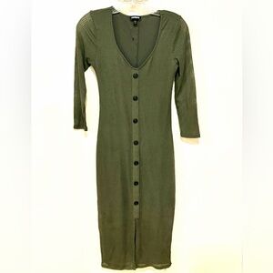 Express Olive Ribbed Button Front Midi Dress | Size SP | Sheer Detail